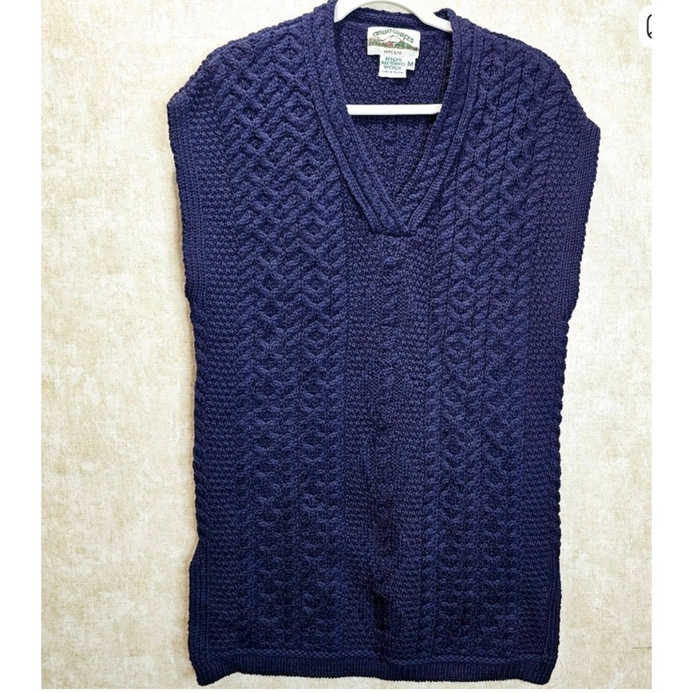 Aran Crafts Cable Knit Navy Women's V-Neck Sweater Vest Size Medium